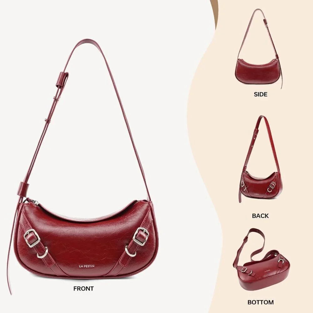 Women Red Soft Leather and polyester Hobo Bag with Adjustable Strap